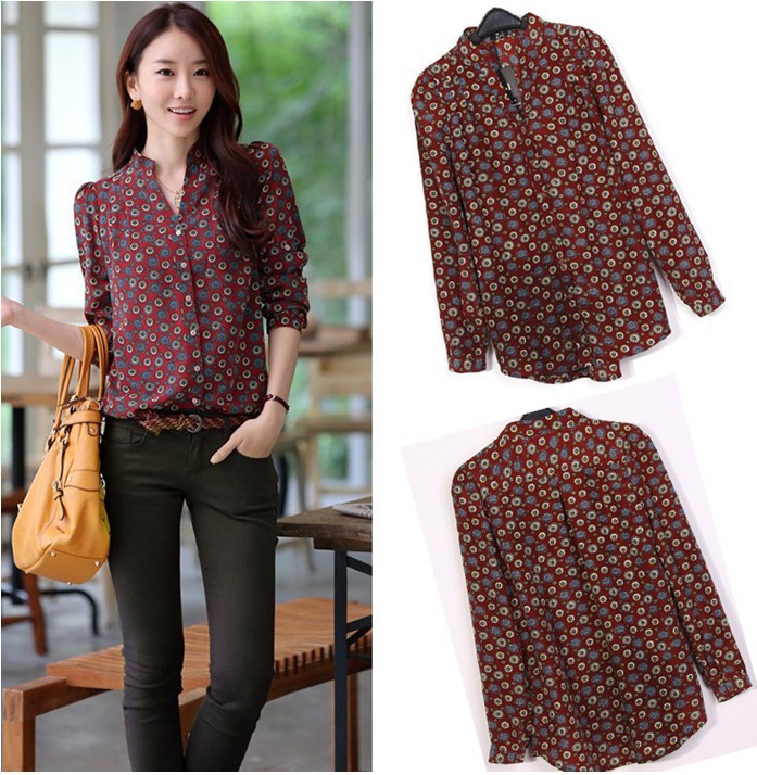2013 New fashion womens' Red vintage Cartoon circle print blouses elegant casual shirt slim designer tops