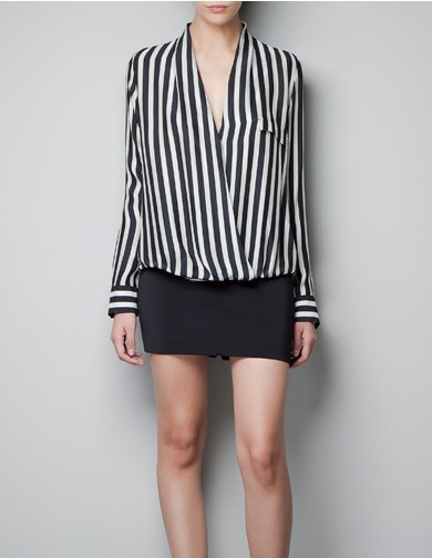 2013 New fashion womens' Sexy  classic beige black Striped Blouse Deep V neck elegant quality casual slim shirt designer tops