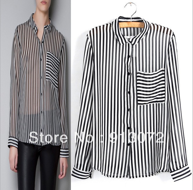 2013 New fashion womens' Sexy classic black white Striped Blouse transparent see through elegant casual shirts designer tops