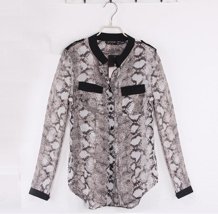 2013 new fashion womens' sexy wild snake print shirts long sleeve epaulet casual blouses slim brand designer quality tops