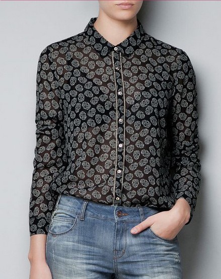 2013 New fashion womens' Skull Print chiffon blouse elegant casual designer shirts long sleeve hot sexy cool fashion tops