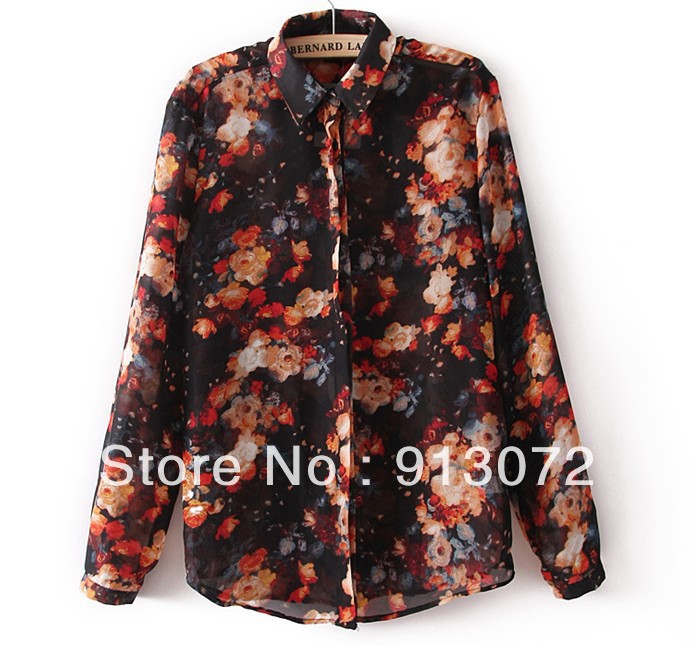2013 new fashion womens' vintage elegant Floal print chiffon blouse quality casual shirt slim long sleeve brand design
