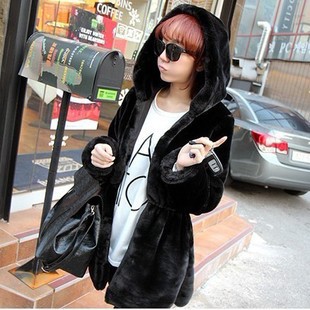 2013 new Faux rabbit hooded with a hood slim waist ladies elegant reversible medium-long outerwear