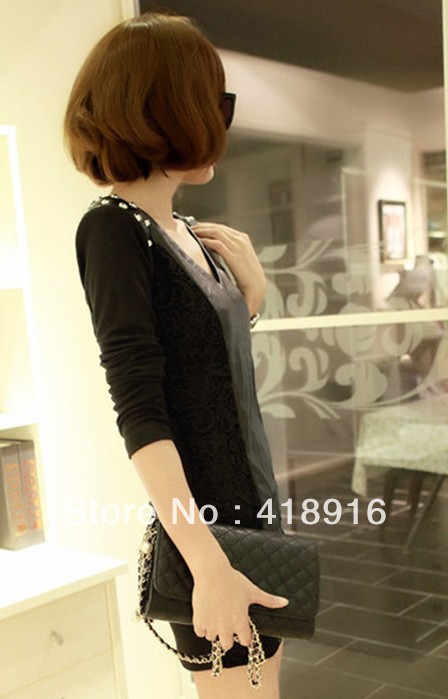 2013 new female skirt sexy hip nail bead leather club cultivate one's morality dress long-sleeved dress
