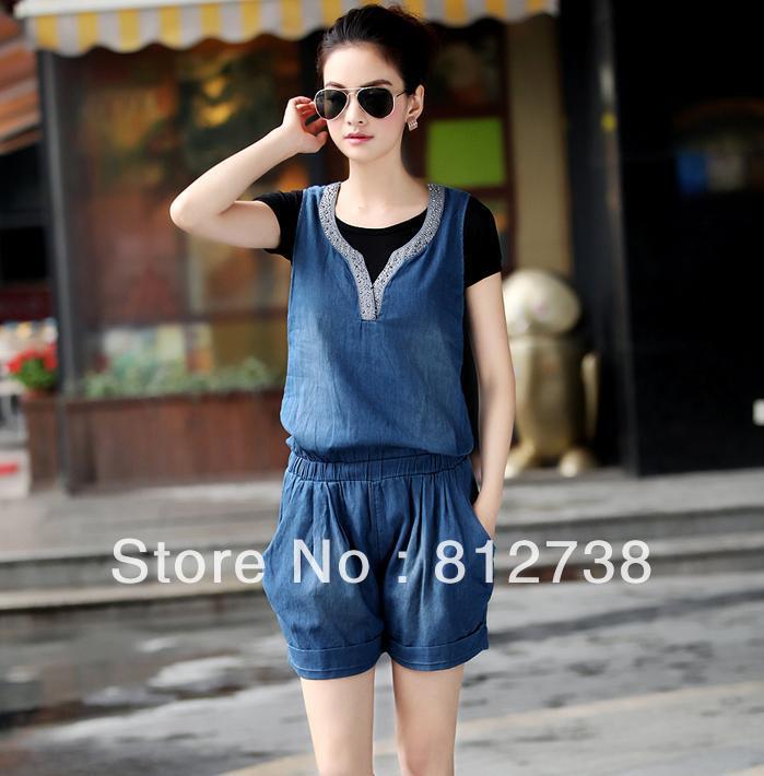 2013 new female - thin denim sleeveless piece pants jumpsuit pants coveralls shorts free shipping