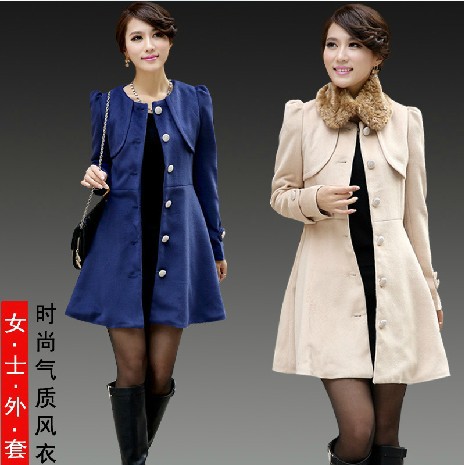 2013 New Female Winter Spring Fall Elegant Slim Large Fur Collar Lady Medium-long Single Breasted Women Trench Long Coats