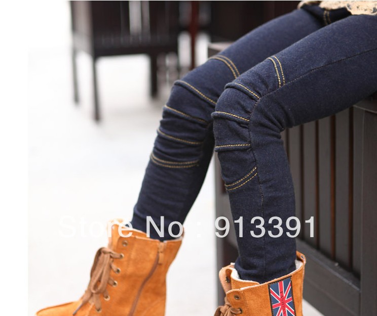2013 new girls knee fleece children jeans girls pencil pants, free shipping