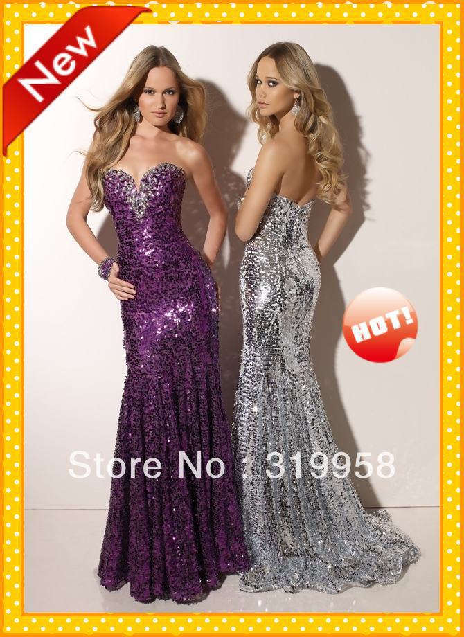 2013 New Gold Sliver Purple Sweetheart Mermaid Sexy Long Rhinestones Sequins Evening Prom Formal Dresses Dress Party Club Gown