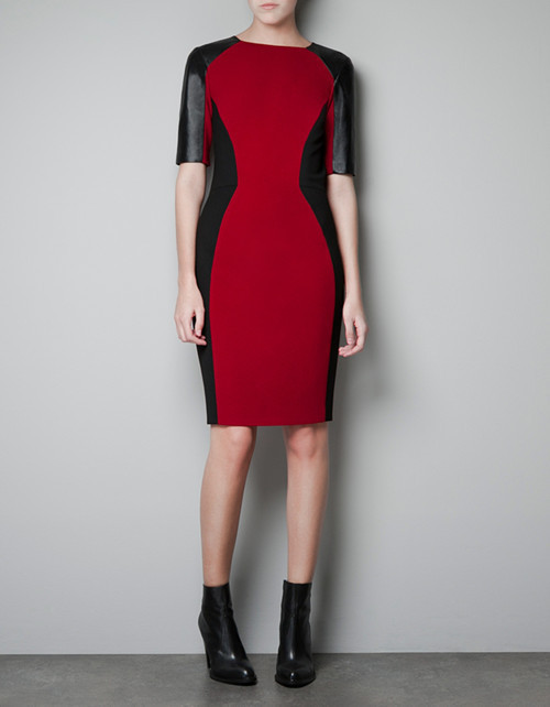 2013 NEW, International brand same style unique leather patchwork half sleeve red dress