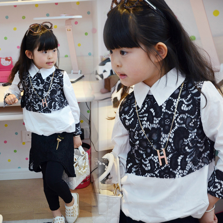 2013 new items 3362 girl shirt lace faux two piece shirt Korean children wholesale baby lace pendant blouses personality