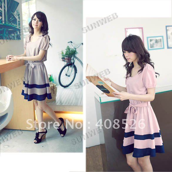 2013 New Japan Korean Summer Sexy Fashion Ladies Women's Sweet Elegant Mini Dress With Belt 2 Colors free shipping 5303