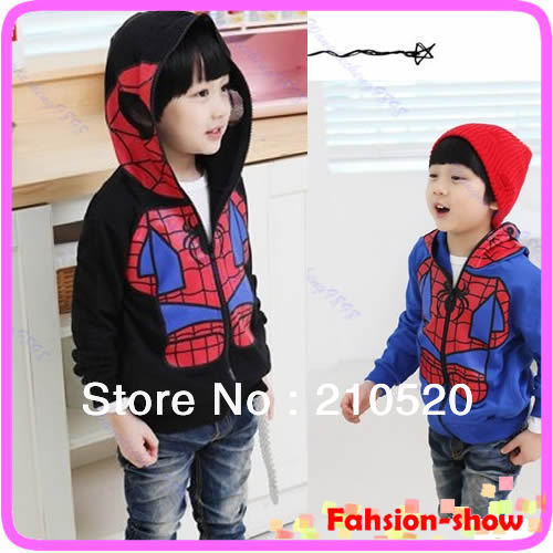 2013 New Kids Spiderman Coat Boys Girls Full Zipper Mask Jacket Hoodies Size 3-8 Year Free Shipping