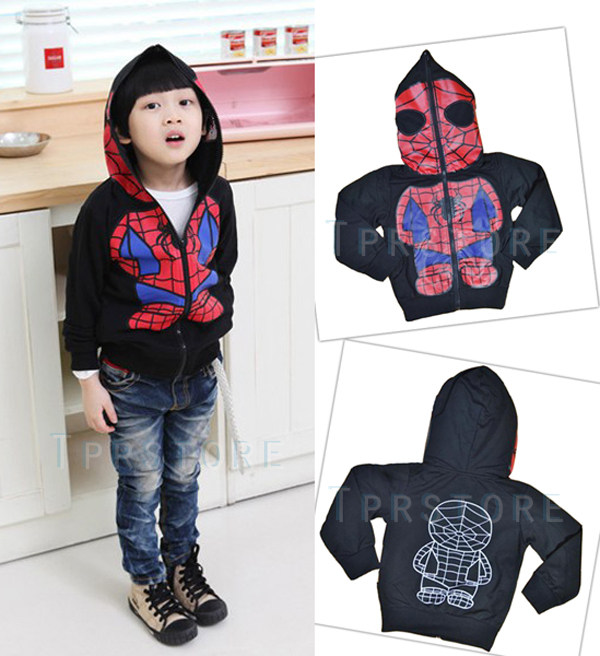 2013 New Kids Spiderman Coat Boys Girls Full Zipper Mask Jacket Hoodies Size 3-8 Year Free Shipping  C43-B balck