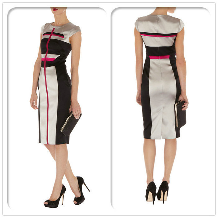 2013 New KM Fashion Colourblocked Signature Stretch Satin Pencil Dress Women Slim Formal Dress Career Dresses