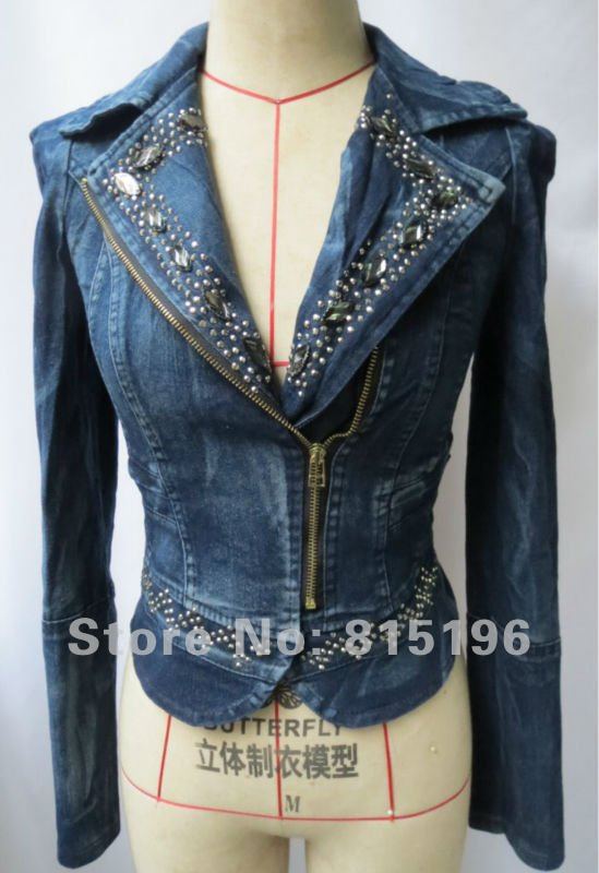 2013  New Korea Design Fashion WOMEN'S  Blue  Rhinestone RIVET Denim  Shrug Denim Jacket  Hight Quality Free Shipping