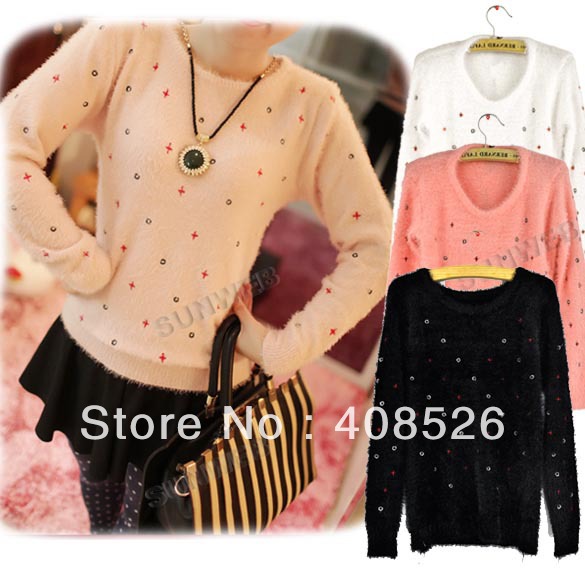 2013 New Korea Women's Long Sleeve Round Neck Loose Sweater Embroidery Plush Fluffy Sweater 3 colors free shipping 9353