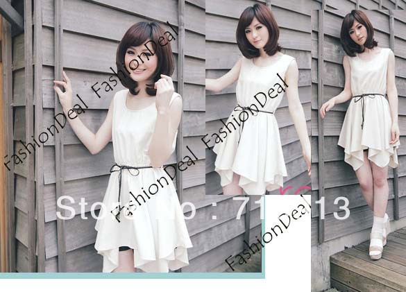 2013 New Korea Women's One Piece Crew Neck Irregular Hem Sleeveless Chiffon Dress Solid Color With Belt Free Shipping10141