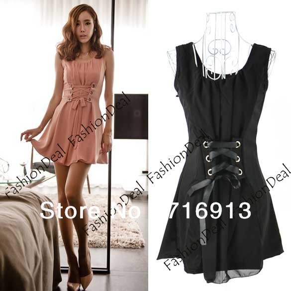 2013 New Korea Women's Sexy Lace Up Splicing Sleeveless Short Dress Party Chiffon Dress Free Shipping 11020