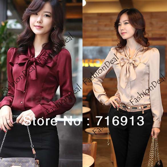 2013 NEW Korea Womens Long Sleeve Bowknot Vintage Shirts Ladies Bowtie OL Tops Blouse 3 Colours Free Shipping 3847
