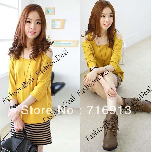 2013 New Korean Fashion Women's Off Shoulder Loose Splicing Stripe Dress 2 Colors Free Shipping 10292