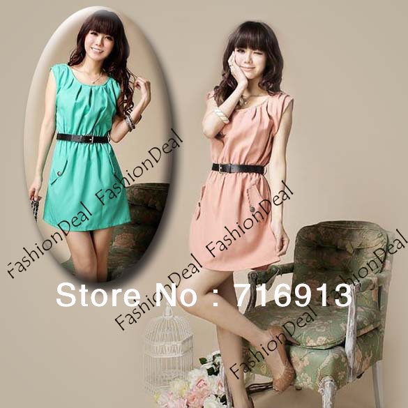 2013 New Korean Fashion Women's Round Neck Sleeveless Chiffon Dress Skirt Dress 2Colors Free Shipping 10243