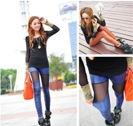 2013 new Korean thigh symmetric gauze stitching faux leather fold Slim was thin Leggings