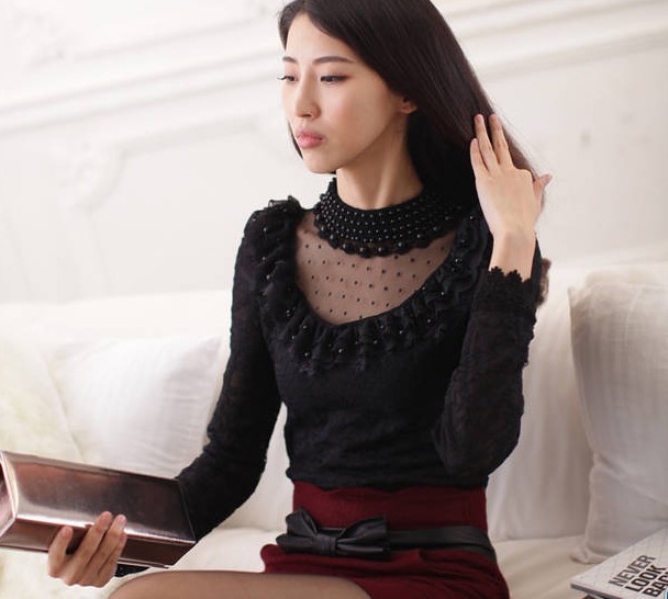 2013 new lace pearl collar bottoming-shirt turtleneck long sleeve T-shirt Korean thickened bottoming shirt free a ship