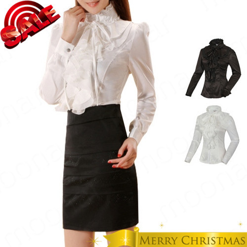 2013 New Ladies Elegant Sweet Pricess Stand Collar Tops Lotus Leaf Long Sleeve OL T Shirt Blouse 2 Colors Black White E0930