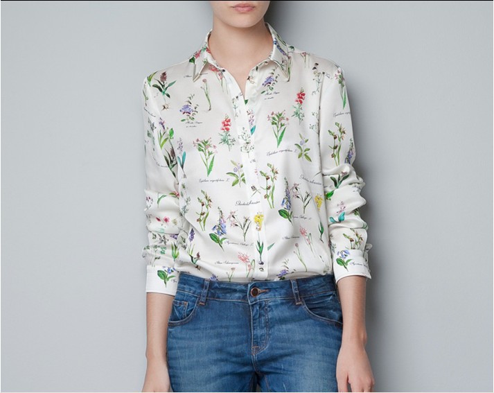 2013 new ladies' fashion chiffon printed blouse women's long sleeve flower shirt polyester with button free shipping