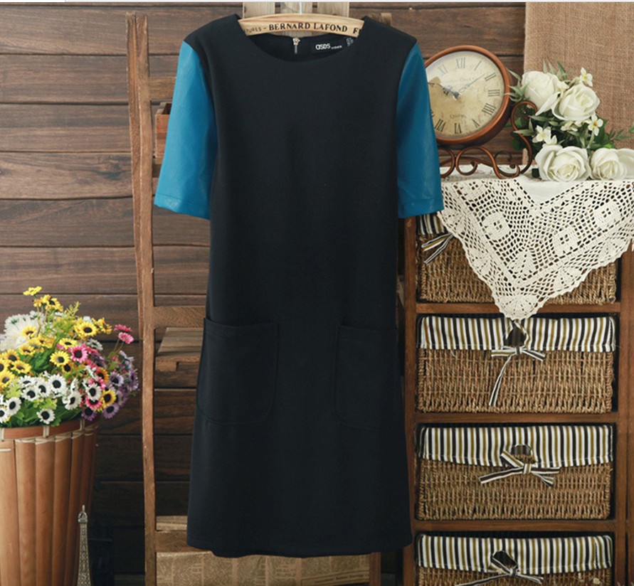 2013 new Ladies' fashion dresses short sleeve leather dresses with pocket back zipper brand style dress