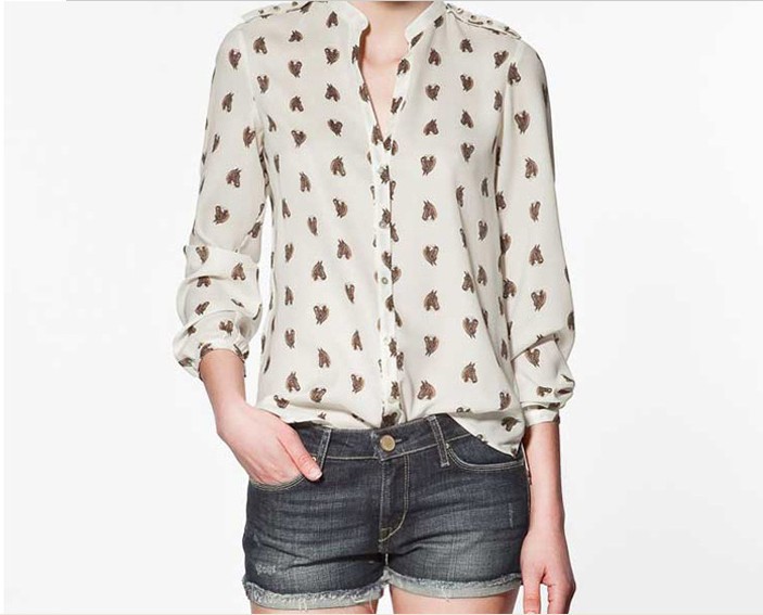 2013 new ladies' fashion transparent sexy blouse women's long sleeve chiffon shirt  horse printed stand collar free shipping