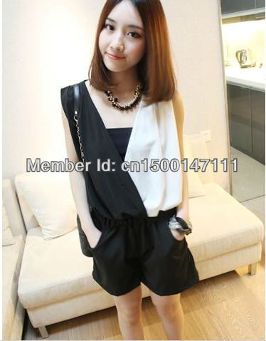 2013 new large code black spell V collar jumpsuits Chiffon catsuit Xia female western shorts Playsuit