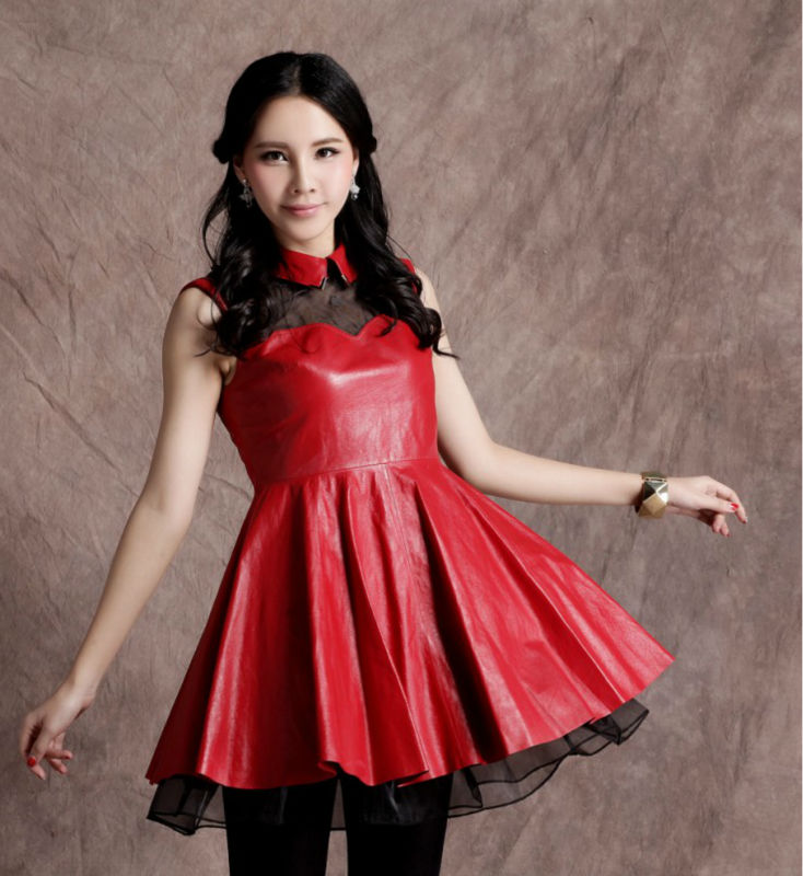 2013 new leather sheep skin Women Long Slim jacket woman leather jacket dress peter pan collar