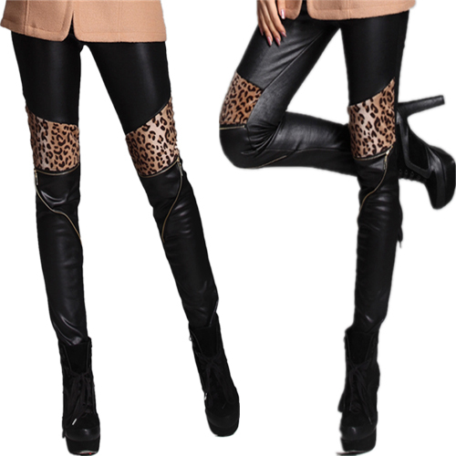 2013 NEW Leopard print leather pants legging plus velvet PU patchwork fashion slim skinny pants female pencil pants