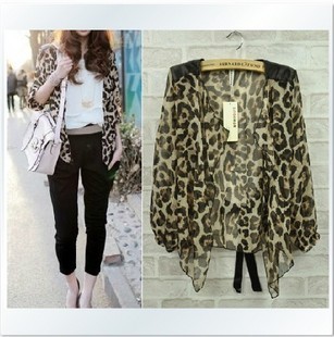 2013 new leopard shoulder shawl cardigan knotting chiffon shirt.