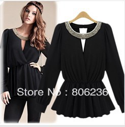 2013 new Long Sleeve lady shirt brand shirt fashion beaded pleated shirts blouse A1562