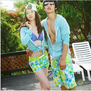 2013 new lovers swimwear green flowers stripe blend collocation couple swimming pantssexy swimsuit women/men L XL XXL