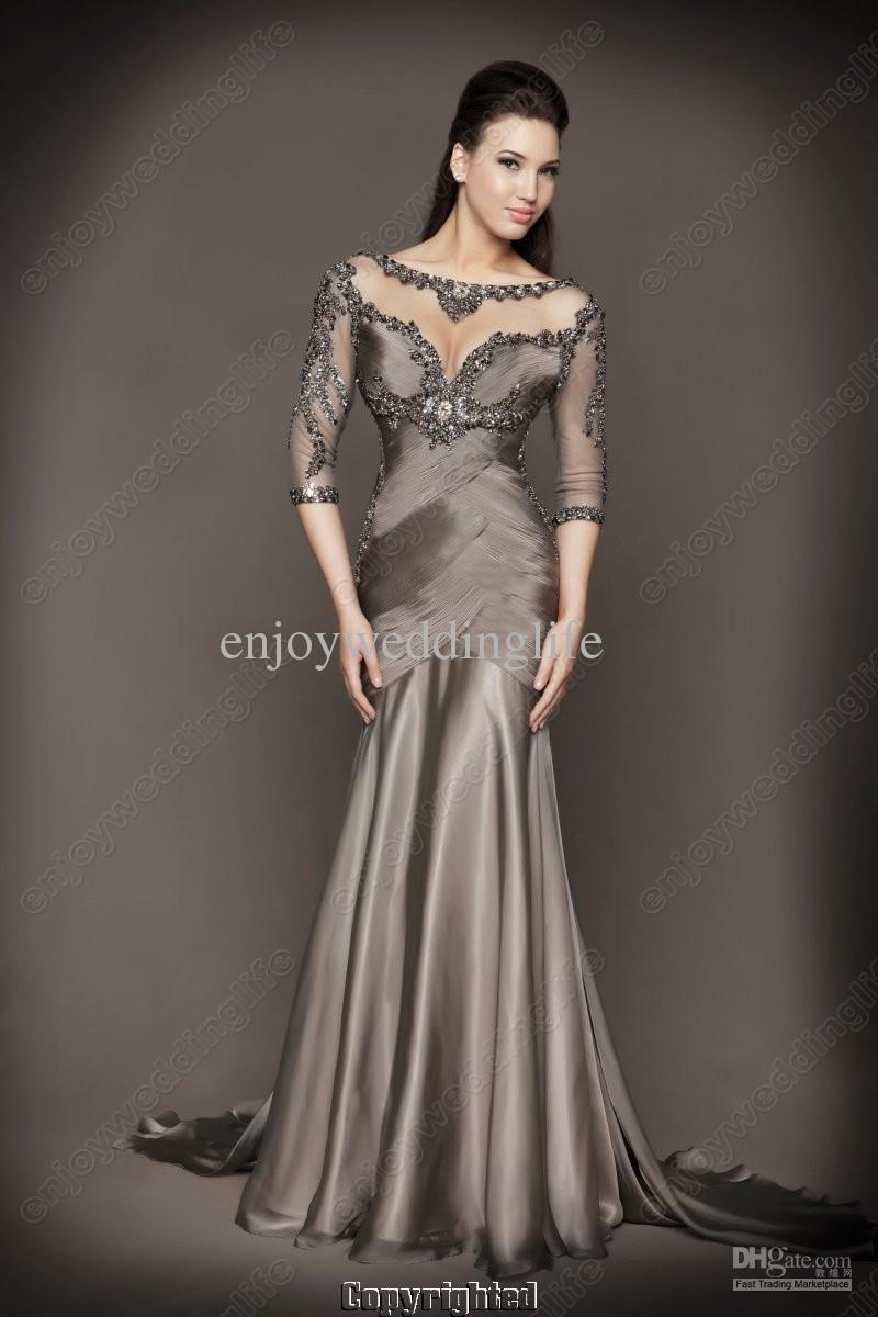 2013 New Mermaid Satin Beaded Prom Dresses with Ruffles and long sleeves 78590D