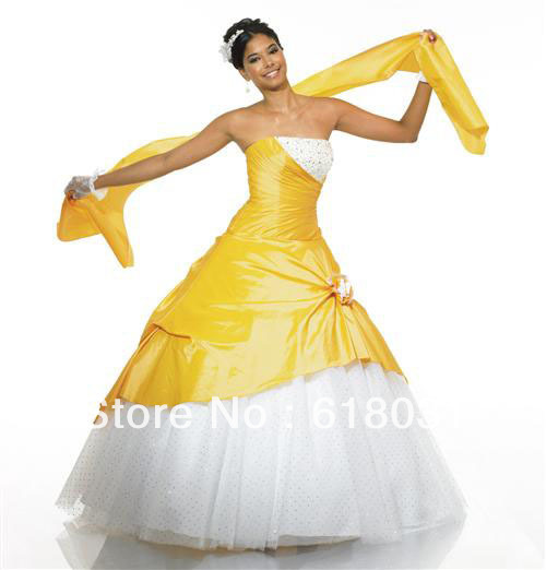 2013 New Modest ball gown strapless ball gown taffeta beading yellow and white quinceanera 15 dress ML50