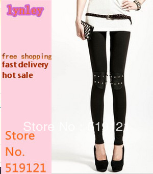 2013 new new women's nine Leggings matte leather stitching micro spiral zip Women's pants with zipper and rivet decoration