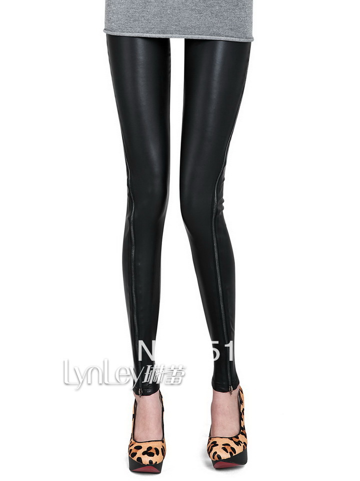 2013 new new women's nine Leggings matte leather stitching micro spiral zip Women's pants with zipper and rivet decoration