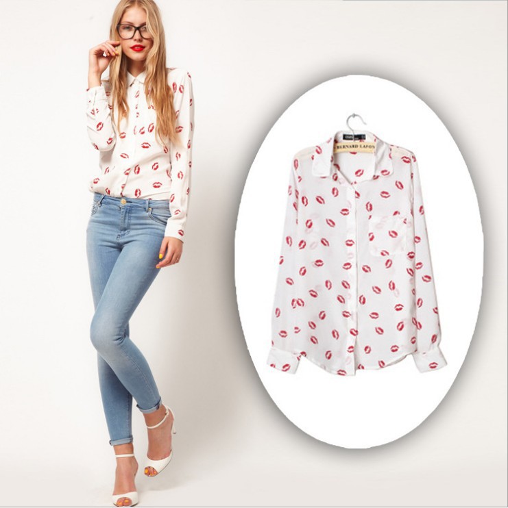 2013 New Print Red Lips Design Shirt For Women Sexy Fashion Full Sleeve Blouse Free Shipping