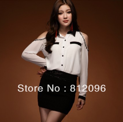 2013 new Promotions hot trendy cozy women blouse shirts jacket T-shirt Fashion Black and white color beads rotator hole Chiffon