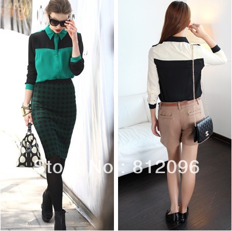 2013 new Promotions hot trendy cozy women blouse shirts jacket T-shirt Fashion Black classic simplicity splicing long sleeve