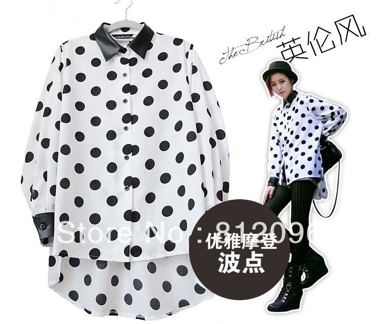 2013 new Promotions hot trendy cozy women blouse shirts jacket T-shirt Fashion Geometric faux leather stitching Mo Dengbo point