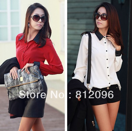 2013 new Promotions hot trendy cozy women blouse shirts jacket T-shirt Fashion Korean version of the leather stitching silk