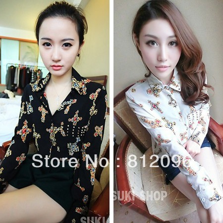 2013 new Promotions hot trendy cozy women blouse shirts jacket T-shirt Fashion Retro print chiffon decorated with rivets
