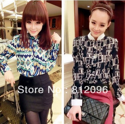 2013 new Promotions hot trendy cozy women blouse shirts jacket T-shirt Fashion retro robot Pop geometric print chiffon