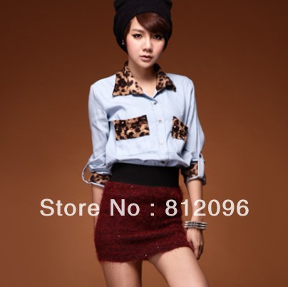 2013 new Promotions hot trendy cozy women blouse shirts jacket T-shirt Fashion Rivets stitching leopard light-colored denim