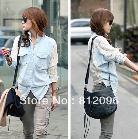 2013 new Promotions hot trendy cozy women blouse shirts jacket T-shirt Fashion Slim Lace stitching long sleeve lapel cotton